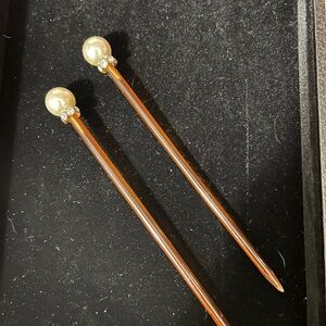 Vintage Brown Bakelite Hair Sticks with Pearl and Rhinestone Accents